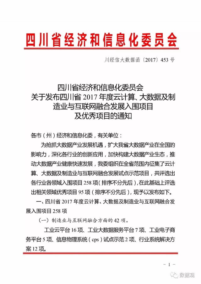 通知 ▏《四川省2017年度云計(jì)算、大數(shù)據(jù)及制造業(yè)與互聯(lián)網(wǎng)融合發(fā)展優(yōu)秀項(xiàng)目》發(fā)布